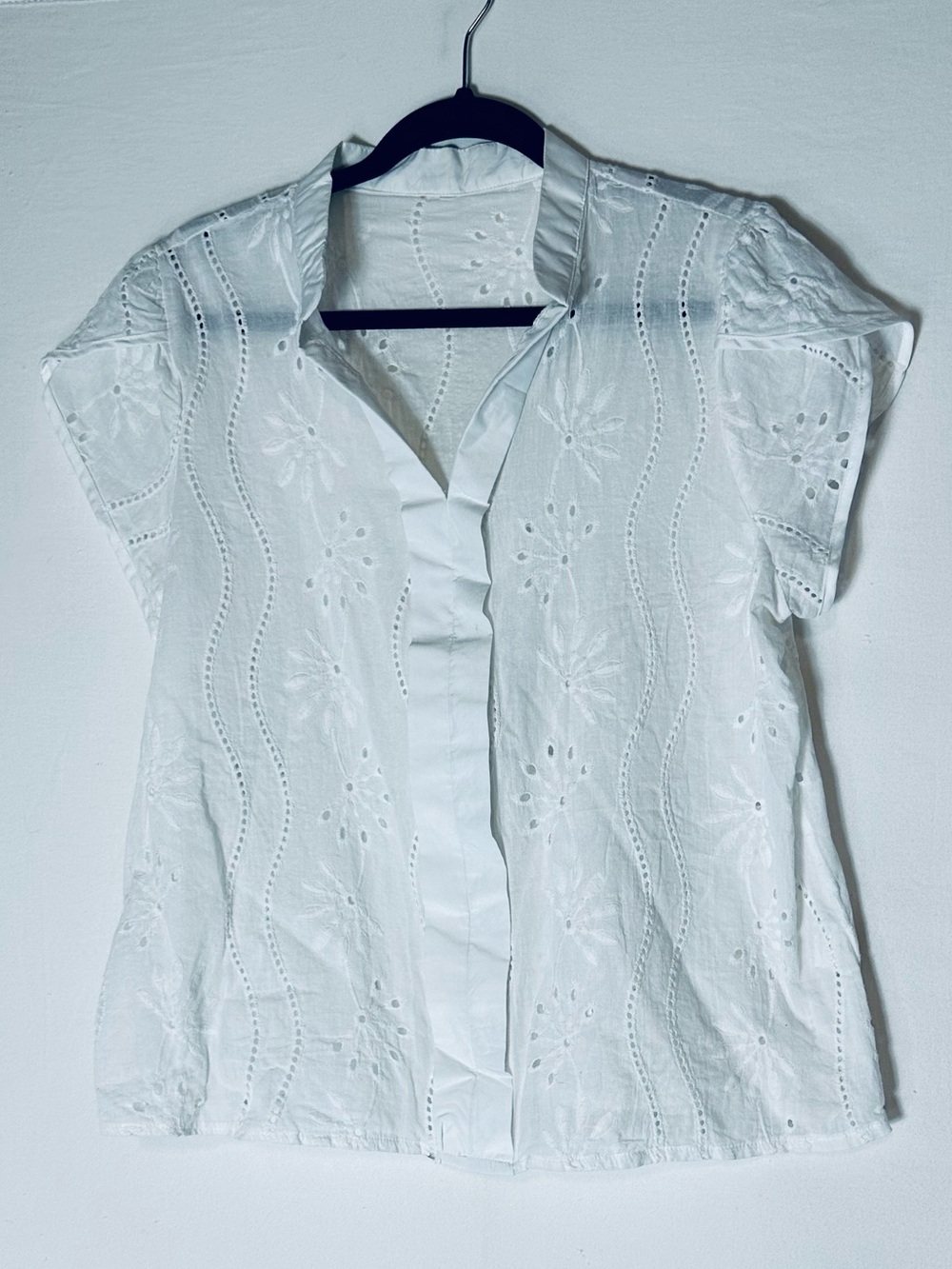 White Eyelet Lace Cutout Cap Sleeve Blouse L Boho Coastal Cottagecore Whimsy